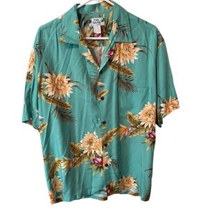 Two Palms Mens Hawaiian Shirt Teal Floral Palm Leaf Rayon Made in Hawaii Large